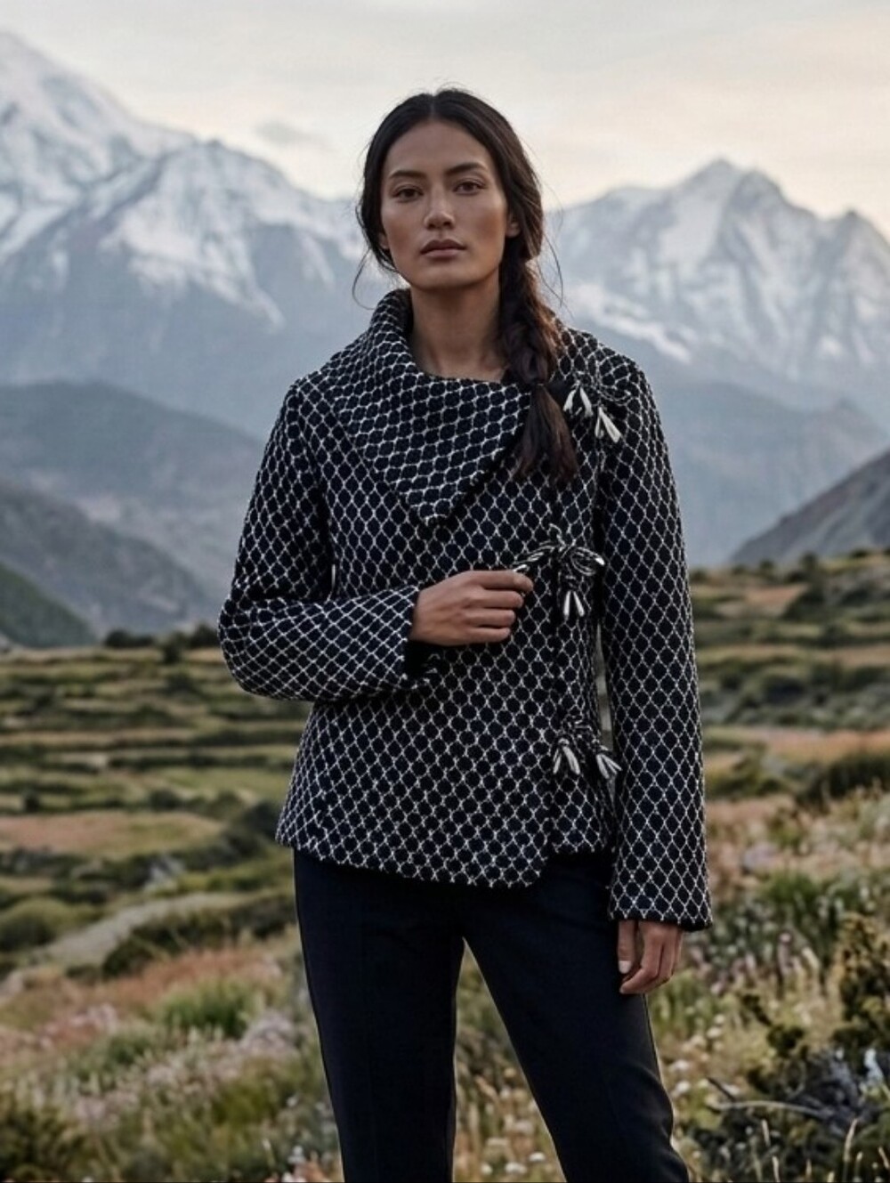Wool Knit Sweater Jacket From Nepal Asymmetric Collar & Front Ties Closure